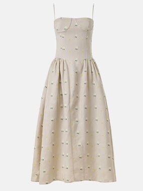 Sister New York Beige Floral Bustier Midi Dress with Spaghetti Straps